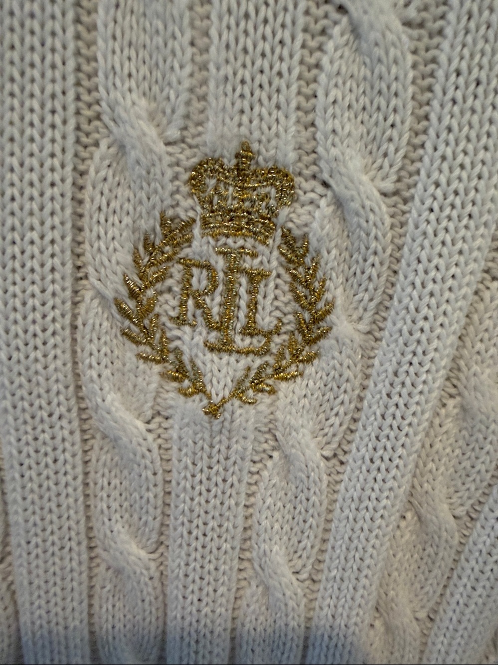 Vintage Lauren Ralph Lauren White Cable With Gold Crest Zip-Up Sweater - Picture 3 of 7